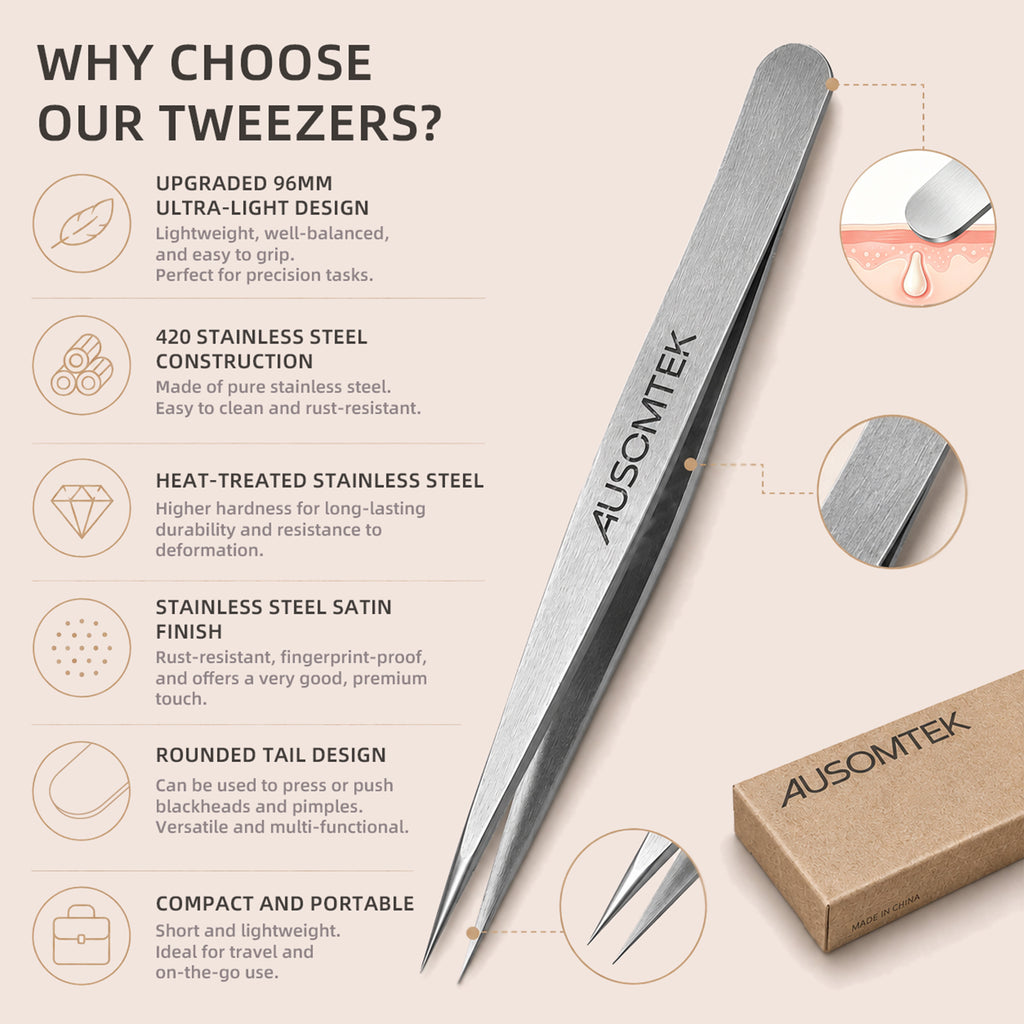 AUSOMTEK 96mm Ingrown Hair Tweezers with Needle Pointed Tip
